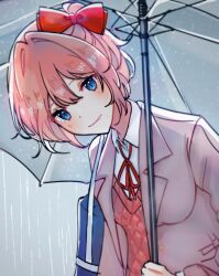 1girl bag blue_eyes bow coat cowboy_shot doki_doki_literature_club doki_doki_literature_club_school_uniform hair_bow hair_bun highres holding holding_umbrella looking_at_viewer neck_ribbon pink_coat pink_hair pink_vest rain ribbon sayori_(doki_doki_literature_club) school_uniform shirt shoulder_bag smile solo umbrella upper_body vest white_shirt yananeruu