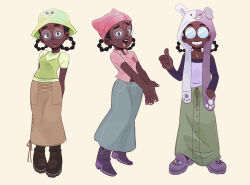 1girl animal_hat beanie black_hair boots cat_hat collared_shirt crocs danganronpa_(series) dark-skinned_female dark_skin denim denim_skirt eyelashes glasses hat highres i_don&#039;t_want_to_be_a_magical_girl jewelry kiana_mai lips long_skirt long_sleeves multi-tied_hair necklace official_alternate_costume open_mouth rabbit_hat round_eyewear shirt short_sleeves skirt smile sweat tank_top teeth thick_eyebrows upper_teeth_only very_dark_skin zira_(kiana_mai)