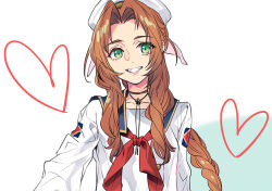 1girl aerith_gainsborough alternate_costume braid braided_ponytail breasts brown_hair choker final_fantasy final_fantasy_vii final_fantasy_vii_rebirth final_fantasy_vii_remake flower_choker green_eyes grin hair_ribbon hat heart ito_noizi long_hair long_sleeves looking_at_viewer medium_breasts military_uniform naval_uniform navy neckerchief parted_bangs pink_ribbon red_neckerchief ribbon sailor_collar sailor_shirt shirt sidelocks single_braid smile solo teeth upper_body white_background white_hat white_shirt
