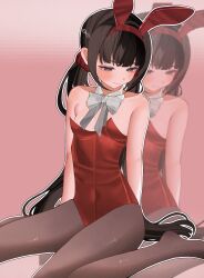 1girl animal_ears bare_shoulders blush bow bowtie breasts brown_pantyhose danganronpa_(series) danganronpa_v3:_killing_harmony fake_animal_ears frown gradient_background grey_bow grey_bowtie hair_ornament hairclip harukawa_maki highres leotard long_hair mole mole_under_eye pantyhose pink_background rabbit_ears red_eyes red_leotard sa_bu_ibo scrunchie shiny_skin small_breasts twintails