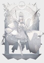 1girl absurdres arch commentary detached_sleeves dress full_body gate gradient_hair grey_background grey_hair highres holding holding_staff kotarou_(kot_mochi) lens_flare long_hair multicolored_hair original shoes simple_background staff tagme thighhighs very_long_hair white_dress white_hair white_shoes white_theme white_thighhighs yellow_eyes