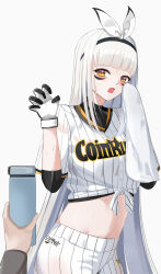 1girl absurdres baseball baseball_uniform blanc_(nikke) blanc_(no._77_batter)_(nikke) gloves goddess_of_victory:_nikke grey_hair highres holding labbri long_hair looking_at_viewer navel open_mouth pants shirt solo sportswear tied_shirt white_hair yellow_eyes