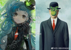 1girl absurdres apple apple_hat_ornament black_eyes black_gloves black_hat black_jacket black_shirt blazer blue_hair buttons chinese_commentary closed_mouth collared_jacket collared_shirt commentary_request corded_phone earrings empty_eyes expressionless eyelashes food frooooty fruit gloves green_apple green_background hand_up hat hat_ornament high_collar highres holding holding_phone jacket jewelry lapels long_hair long_sleeves looking_at_viewer mini_hat mini_top_hat necktie notched_lapels one_side_up original painting_(object) personification phone red_necktie ringed_eyes shirt sleeve_cuffs solo stud_earrings talking_on_phone the_son_of_man_(magritte) tie_clip top_hat upper_body very_long_hair watermark weibo_watermark