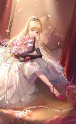 Rule 34 | 1girl, arm bow, artist request, black bow, black dress, black gloves, blonde hair, blue eyes, blunt bangs, bow, curtains, dress, earrings, elbow gloves, flower, footwear ribbon, frilled dress, frills, full body, game cg, gloves, hair bow, hair flower, hair ornament, happy, high heels, high ponytail, highres, indoors, jewelry, liese&#039;s dream (shining nikki), light particles, long dress, long hair, looking at viewer, nikki (series), official art, open mouth, petals, pink flower, pink rose, pleated dress, ponytail, pumps, red flower, red ribbon, red shoes, reflection, ribbon, rose, rose petals, serena (shining nikki), shining nikki, shoes, sidelocks, sitting, sleeveless, sleeveless dress, smile, solo, sphere earrings, spotlight, stage, two-tone dress, very long hair, white dress