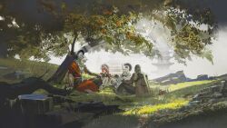 Rule 34 | 2boys, 2girls, architecture, arknights, building, day, east asian architecture, fog, grass, halo, highres, mudrock (arknights), multiple boys, multiple girls, nature, nymph (arknights), official art, outdoors, qui&#039;lon (arknights), rock, scenery, sitting, sky, tin man (arknights), tree, tree shade, under tree