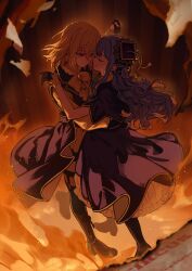 2girls absurdres arm_behind_another&#039;s_back ascot bang_dream! bang_dream!_it&#039;s_mygo!!!!! black_bow black_gloves boots bow bowtie burning burning_paper capelet closed_mouth coat collared_shirt commentary crossed_bangs dancing face-to-face fire floating floating_clothes floating_hair frilled_skirt frills full_body garter_straps gloves green_brooch hachibousei_dance_(bang_dream!) hair_bow hair_ribbon hand_up hands_up hat highres holding_hands interlocked_fingers lapels long_hair long_sidelocks long_sleeves looking_at_another medium_hair misumi_uika multiple_girls neck_tassel official_alternate_costume red_brooch ribbon shirt sidelocks skirt smile striped_bow tassel thighhighs three_quarter_view togawa_sakiko translated usamin_(megumikira) warm_colored