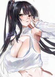 1girl absurdres adjusting_eyewear ahoge armpit_peek black_hair blunt_bangs bra_visible_through_clothes breasts cleavage cleavage_cutout clothing_cutout detached_sleeves glasses goddess_of_victory:_nikke highres large_breasts long_hair looking_at_viewer miumiumi_99 moran_(off-duty_queen)_(nikke) multicolored_hair navel open_mouth ponytail red_eyes red_hair round_eyewear shirt signature solo streaked_hair upper_body white_background
