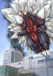 absurdres alien blue_skin blue_sky building claws clock colored_skin crest crystal day floating flying giant giant_monster glowing_crest glowing_horns godzilla_(series) godzilla_vs._spacegodzilla highres horns japan kaiju levitation mahari_lab monster multicolored_eyes multicolored_skin no_humans orange_eyes pointy_ears red_eyes red_skin sharp_teeth shoulder_spikes sky smoke space_monster spacegodzilla spikes teeth toho tongue train_station tree tusks two-tone_eyes two-tone_skin yamagata_(city) yamagata_station