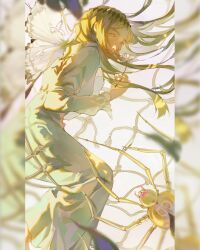 16personalities 1girl absurdres bug butterfly_wings commentary flower green_eyes green_hair highres holding holding_flower insect_wings long_hair mediator_(16personalities) silk spider spider_web wings yue_(yuehh23)