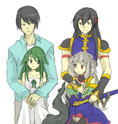 Rule 34 | 00s, 2boys, 2girls, chinese clothes, code geass, crossover, green eyes, green hair, height difference, li xingke, long hair, midorikawa hikaru, multiple boys, multiple girls, red eyes, sakisaka fuminori, saya (saya no uta), saya no uta, voice actor connection, silver hair, size difference, tangzhuang, tianzi