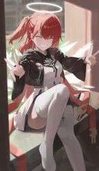 1girl :d ^_^ alone_(user_pafj5434) arknights black_jacket blurry chinese_commentary closed_eyes commentary_request crop_top cropped_jacket double_v earrings exusiai_(arknights) exusiai_the_new_covenant_(arknights) facing_viewer foot_out_of_frame grin hair_between_eyes halo happy highres hood hood_down hooded_jacket jacket jewelry knee_up long_sleeves medium_hair one_side_up open_mouth outstretched_arms red_hair sitting smile solo thighhighs traditional_halo v white_halo white_thighhighs
