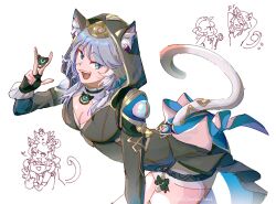2girls animal_ear_fluff animal_ears animal_hood black_gloves black_leotard blue_eyes breasts cat_ears cat_girl cat_hood cat_tail cipher_(honkai:_star_rail) cleavage coin commentary fingerless_gloves gloves grey_hair highres holding holding_coin holding_staff honkai:_star_rail honkai_(series) hood hooded_leotard hyacine_(honkai:_star_rail) large_breasts leotard little_ica_(honkai:_star_rail) mole mole_on_breast mscheckacheck multiple_girls multiple_views open_mouth short_hair_with_long_locks shorts simple_background staff symbol-only_commentary tail white_background white_shorts