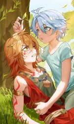 Rule 34 | 2boys, absurdres, antenna hair, arm tattoo, armlet, black shirt, blonde hair, blue eyes, blue shirt, blush, braid, chest tattoo, commentary request, facial tattoo, flustered, gold necklace, gradient hair, hadanugi dousa, hair between eyes, hand on another&#039;s waist, highres, holding, holding leaf, honkai: star rail, honkai (series), jewelry, korean commentary, leaf, male focus, medium hair, messy hair, multicolored hair, multiple boys, mydei (a trail of bygone blood) (honkai: star rail), mydei (honkai: star rail), necklace, on grass, open kimono, parted bangs, phainon (a dream scented in wheat) (honkai: star rail), phainon (honkai: star rail), red hair, red tattoo, shirt, short hair, side braid, sleeveless, sleeveless shirt, syamppu98, tattoo, white hair, yaoi, yellow eyes