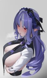 1girl absurdres arms_under_breasts black_nails blush bow bowtie breast_curtains breasts breath commentary drill_hair from_side gem grey_background highres large_breasts long_hair mizoshi-x mole mole_under_eye multicolored_hair open_mouth pointy_ears purple_bow purple_bowtie purple_gemstone purple_hair red_eyes shrug_(clothing) sideboob simple_background solo streaked_hair vivian_banshee white_hair white_shrug white_streaks zenless_zone_zero