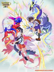 1boy 1girl artist_request black_hair braid brown_bag brown_eyes brown_hair collared_shirt florian_(pokemon) hat highres holding holding_poke_ball juliana_(pokemon) koraidon long_hair miraidon naranja_academy_school_uniform necktie nintendo official_art open_mouth orange_necktie orange_shorts poke_ball poke_ball_(basic) pokemon pokemon_(creature) pokemon_battle pokemon_masters_ex pokemon_sv purple_necktie purple_shorts school_uniform shirt short_hair short_sleeves shorts striped_clothes striped_shorts uva_academy_(emblem) uva_academy_school_uniform white_shirt