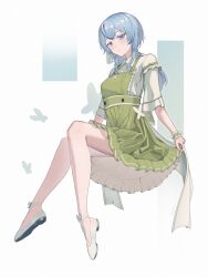 Rule 34 | 1girl, alternate costume, blue hair, blush, breasts, closed mouth, collared shirt, colored eyelashes, commentary request, dress, green dress, highres, inficer, invisible chair, long hair, looking at viewer, medium breasts, paid reward available, purple eyes, shirt, shoes, shorekeeper (wuthering waves), sitting, solo, variant set, white shirt, white shoes, wrist cuffs, wuthering waves
