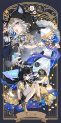 1girl animal_ears animal_hood bag black_gloves black_shorts blue_eyes boots calpi15 cat_ears cat_girl cat_hood cat_tail character_name chinese_commentary cipher_(honkai:_star_rail) coin commentary_request diamond_(gemstone) dress fingerless_gloves gem gloves gold_boots gold_coin grey_hair highres holding holding_bag holding_gem holding_with_tail honkai:_star_rail honkai_(series) hood multiple_views open_mouth prehensile_tail short_hair_with_long_locks shorts tail treasure white_dress white_hood yellow_nails