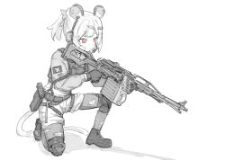 1girl animal_ears boots bullpup gloves gun hair_ornament hairclip highres holding holding_gun holding_weapon indie_virtual_youtuber jacket maplesights nemimi_yane red_eyes rifle shadow solo tail weapon