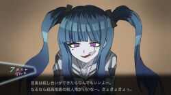 1girl amemiya_darumi black_bow black_hair blue_hair bow brown_background danganronpa_(series) danganronpa_v3:_killing_harmony ear_piercing earrings eyelashes face_piercing hair_bow heart highres interface japanese_text jewelry lip_piercing makeup open_mouth parody piercing runny_makeup simple_background smile the_hundred_line_-last_defense_academy- translation_request twintails upper_body user_interface