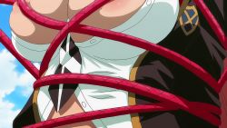 1girl animated animated_gif arms_(studio) bdsm blonde_hair bondage bound breast_bondage breasts highres huge_breasts kaneko_hiraku large_areolae nipples open_clothes open_shirt red_eyes rope school_uniform shikishima_mirei struggling tight_clothes valkyrie_drive valkyrie_drive_-mermaid-