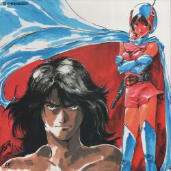 1970s_(style) 1boy 1girl absurdres bodysuit breasts cape elbow_gloves gatchaman gloves gun highres jun_the_swan ken_the_eagle looking_at_viewer non-web_source official_art oldschool retro_artstyle scan serious skirt tatsunoko_production traditional_media weapon