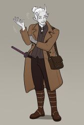 1boy angel_bites ango_aleman bag blind boots bright_dread brown_bag brown_footwear brown_jacket brown_pants brown_shirt colored_skin dungeons_&amp;_dragons grey_horns grey_skin hair_bun highres horns jacket katana lip_piercing male_focus non-web_source open_clothes open_jacket original pants piercing sheath sheathed shirt smile string sword tiefling weapon