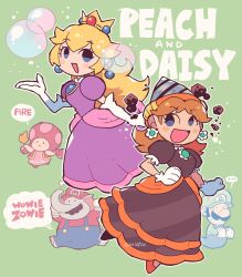... 2boys 3girls blonde_hair blue_eyes blush_stickers brown_hair character_name crown dress earrings elbow_gloves elephant_mario english_text flower_earrings gloves green_background hand_on_own_hip highres jewelry long_hair luigi mario mario_(series) multiple_boys multiple_girls nintendo no_pupils open_mouth princess_daisy princess_peach puffy_short_sleeves puffy_sleeves rariatto_(ganguri) short_sleeves simple_background speech_bubble sphere_earrings toadette twitter_username white_gloves
