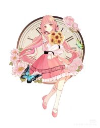 1girl ankle_socks bare_shoulders belt black_belt black_ribbon blue_butterfly bouquet bow bow_legwear brown_eyes bug butterfly carnation choker clock closed_mouth cross-laced_clothes cross-laced_legwear daisy_(flower) flower frilled_shirt frilled_skirt frilled_sleeves frills full_body green_butterfly hair_ribbon high_heels highres holding holding_bouquet infinity_nikki insect invisible_chair layered_skirt light_blush long_hair long_sleeves low_twintails medium_skirt nikki_(nikki) nikki_(series) off-shoulder_shirt off_shoulder perfect_start_(infinity_nikki) pink_bow pink_choker pink_flower pink_hair pink_ribbon pink_rose pink_shoes pink_skirt pleated_skirt puffy_long_sleeves puffy_sleeves pumps ribbon rose shirt shoes simple_background single_stripe sitting skirt sleeves_past_wrists smile socks solo star_(symbol) star_print striped_choker sunflower tareme tress_ribbon twintails very_long_hair watermark wavy_hair white_background white_shirt white_skirt white_socks xiaohongshu_logo yellow_flower youyidianqingming