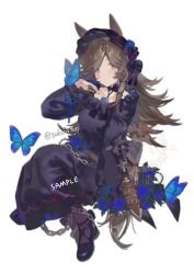 1girl animal_ears black_bonnet black_bow black_hair black_pantyhose blue_butterfly blue_eyes blue_flower blue_rose bonnet bow breasts brown_hair bug butterfly collar dagger dress flower frilled_bonnet frilled_collar frilled_dress frills hand_up horse_ears horse_girl horse_tail insect knife long_bangs long_dress long_hair long_sleeves medium_breasts messy_hair pantyhose parted_bangs purple_dress rice_shower_(umamusume) rose sample_watermark sheath simple_background solarisyuri! solo tail twitter_username umamusume very_long_hair water watermark weapon white_background