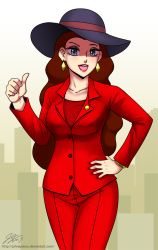 1girl breasts brown_hair commentary earrings eyeshadow female_focus formal_clothes grey_eyes hand_on_own_hip hat highres jewelry john_joseco lipstick long_hair makeup mario_(series) medium_breasts nintendo pants pauline_(mario) red_suit solo suit super_mario_odyssey thumbs_up