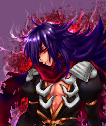 Rule 34 | 1boy, armor, assassin cross (ragnarok online), bio lab, black shirt, commentary request, eremes guile, eye trail, light trail, long hair, looking at viewer, looking to the side, male focus, pauldrons, purple background, purple hair, ragnarok online, red eyes, red scarf, scarf, shirokuro (erisnoa), shirt, shoulder armor, smile, solo, torn clothes, torn scarf, upper body