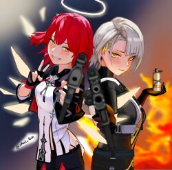 aiming aiming_at_viewer angel_wings arknights belt black_capelet black_gloves blaizepascal bodysuit bow bowtie capelet cross cross_earrings earrings explosive exusiai_(arknights) exusiai_the_new_covenant_(arknights) fire girls&#039;_frontline gloves grenade gun halo highres holding holding_grenade jewelry kriss_vector looking_at_viewer red_hair shirt short_hair side_ponytail smile submachine_gun turtleneck turtleneck_bodysuit two-tone_background v vector_(girls&#039;_frontline) vector_(girls&#039;_frontline_2) vest weapon white_hair white_shirt white_vest wings yellow_eyes