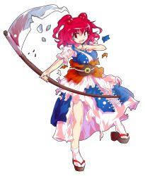 1girl black_sandals blue_dress brown_sash commentary_request dairi dress full_body hair_bobbles hair_ornament highres holding holding_scythe large_variant_set looking_at_viewer obi okobo onozuka_komachi open_mouth platform_sandals red_eyes red_hair sandals sash scythe short_hair short_sleeves socks solo standing tabi tachi-e tears torn_clothes torn_dress touhou two_side_up variant_set white_socks