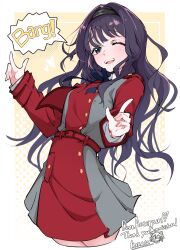 1girl absurdres black_hair blue_eyes commission commissioner_upload finger_gun hairband haruka_kanata_(togassi1) highres kaoru_hana_wa_rin_to_saku long_hair lycoris_recoil lycoris_uniform non-web_source one_eye_closed smile solo speech_bubble tagme upper_body waguri_kaoruko