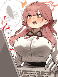 2girls ^^^ absurdres aru_(blue_archive) blue_archive blush breasts chroong computer demon_horns gloves hair_between_eyes halo highres horns kayoko_(blue_archive) korean_commentary laptop large_breasts long_hair long_sleeves multiple_girls nervous_sweating open_mouth pink_hair shaded_face shirt sitting surprised sweat sweatdrop turn_pale white_gloves white_shirt yellow_eyes