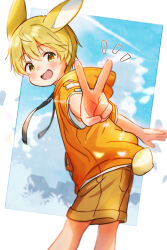 1boy absurdres animal_ears blonde_hair blush brown_shorts child cloud commentary_request dot_nose double-parted_bangs far_tarooo feet_out_of_frame hair_between_eyes highres hood hood_down hoodie light_rays looking_back looking_to_the_side male_focus noru_(far_tarooo) open_mouth orange_hoodie original outstretched_arms rabbit_ears rabbit_tail short_sleeves shorts sky smile solo standing sunbeam sunlight tail v yellow_eyes