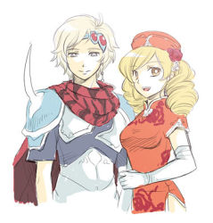 1990s_(style) 1boy 1girl armor blonde_hair ceodore_harvey china_dress chinese_clothes dress elbow_gloves final_fantasy final_fantasy_iv final_fantasy_iv:_the_after_years flower gloves hat headdress long_hair lowres rose scarf short_hair silver_hair souchi twintails ursula_leiden white_gloves yellow_eyes