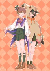 2boys alternate_costume black_hat black_shorts black_socks bow brown_eyes brown_footwear brown_hair cosplay creatures_(company) crossed_bangs florian_(pokemon) game_freak gen_7_pokemon halloween halloween_costume hat highres kieran_(pokemon) long_sleeves male_focus mimikyu mimikyu_(cosplay) mini_hat mini_top_hat multiple_boys nintendo orange_background orange_eyes parted_lips pokemon pokemon_sv shorts simple_background socks standing top_hat x654123731526