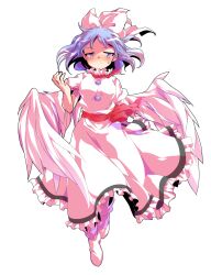 1girl alphes_(style) bare_arms blue_eyes blue_hair blush bobby_socks bow breasts closed_mouth commentary_request dairi dress feathered_wings feathers floating_hair frilled_dress frills full_body hair_bow large_variant_set looking_at_viewer mai_(touhou) medium_breasts parody puffy_short_sleeves puffy_sleeves red_bow short_hair short_sleeves smile socks solo style_parody sweatdrop touhou touhou_(pc-98) transparent_background variant_set white_bow white_dress white_socks white_wings wings