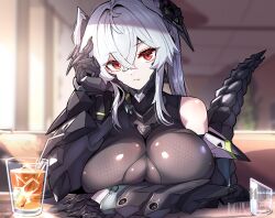 1girl android artist_name bare_shoulders black_bodysuit bodysuit breast_rest breasts breasts_on_table closed_mouth crossed_bangs cup drink drinking_glass fang glass grey_hair hair_between_eyes hair_ornament headgear highres horns indoors large_breasts long_hair looking_at_viewer m004_(natsukaze_shigure) mechanical_arms mechanical_horns mechanical_tail natsukaze_shigure original red_eyes sidelocks sitting skin_fang slit_pupils solo table tail upper_body white_hair