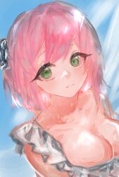 1girl 8_oee :3 bikini blue_sky bob_cut breasts cleavage closed_mouth double-parted_bangs flower frilled_bikini frills from_above green_eyes hair_between_eyes hair_flower hair_intakes hair_ornament hanazono_hakari highres kimi_no_koto_ga_dai_dai_dai_dai_daisuki_na_100-nin_no_kanojo large_breasts looking_at_viewer pink_hair portrait raised_eyebrows short_hair sky solo swimsuit white_bikini white_flower