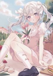 1girl :o black_shoes blue_sky blush bouquet bow brown_dress cloud collarbone commentary_request convenient_leg day dress flower food fork grey_eyes grey_hair hair_bow hair_ornament highres holding holding_bouquet hoshi_(snacherubi) knees_together_feet_apart long_hair looking_at_viewer original outdoors parted_lips picnic picnic_basket picnic_blanket pink_flower puffy_short_sleeves puffy_sleeves sandwich shirt shoes short_sleeves sky sleeveless sleeveless_dress socks solo twintails white_bow white_flower white_shirt white_socks wing_hair_ornament