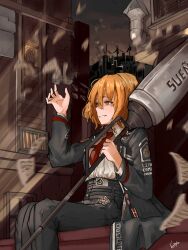 Rule 34 | 1girl, absurdres, black jacket, black pants, blonde hair, collared shirt, don quixote (project moon), full body, highres, holding, holding polearm, holding weapon, jacket, lannfo, limbus company, long sleeves, looking at object, necktie, outdoors, pants, paper, polearm, project moon, red necktie, shirt, short hair, sitting, smile, solo, weapon, white shirt, yellow eyes