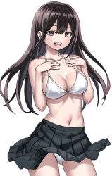1girl absurdres bikini bikini_under_clothes black_hair black_skirt breasts brown_eyes cleavage commentary_request contrapposto hands_on_own_chest highres long_hair medium_breasts navel original partial_commentary pleated_skirt simple_background skirt smile solo swimsuit tuskryo upper_body white_background white_bikini