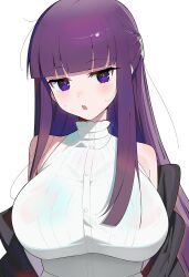 1girl absurdres blunt_bangs blush breasts dress fern fuyukey head_tilt highres large_breasts long_hair looking_at_viewer open_mouth portrait purple_eyes purple_hair sidelocks simple_background solo sousou_no_frieren teeth upper_body upper_teeth_only white_background white_dress