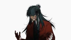 1boy bags_under_eyes black_hair black_hanfu blood blood_in_hair blood_on_clothes blood_on_face blood_on_hands blood_splatter ch189615 chinese_clothes chinese_commentary coat coin coin_mask covered_mouth dao_gui_yi_xian hair_bun half_updo hands_up hanfu highres holed_coin li_huowang long_hair long_sleeves looking_down male_focus mask messy_hair mouth_veil red_coat red_eyes shaded_face simple_background single_hair_bun solo upper_body veil white_background