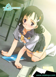 Rule 34 | 1girl, all fours, black hair, bra, breasts, cleavage, clothes lift, female focus, hair ornament, hairclip, indoors, io takuya, lingerie, medium breasts, original, panties, panty pull, purple eyes, school uniform, serafuku, shirt lift, solo, underwear