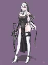 1girl absurdres aek-971 ammunition_pouch assault_rifle bare_shoulders black_dress black_gloves black_nails breasts buckle cleavage covered_navel cross dress elbow_gloves fingerless_gloves folding_stock full_body gloves gun hand_on_own_hip high_heels highres holding holding_gun holding_weapon indonesian_commentary kalashnikov_rifle load_bearing_equipment long_hair looking_at_viewer magazine_(weapon) medium_breasts mole mole_under_mouth nail_polish nun open_mouth optical_sight original partially_fingerless_gloves pelvic_curtain pouch purple_background red_eyes rifle seilindekos simple_background skindentation smile snap-fit_buckle solo standing thigh_pouch thighhighs thighs trigger_discipline weapon white_hair white_thighhighs