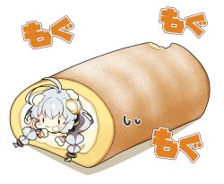 1girl :t antenna_hair blush braid brown_eyes cake chibi closed_mouth commentary_request eating food food_on_face grey_hair hair_between_eyes highres holding holding_food in_food kizuna_akari long_hair low_twintails milkpanda mini_person minigirl shadow simple_background solid_oval_eyes solo sweat swiss_roll translation_request twin_braids twintails very_long_hair voiceroid wavy_mouth white_background