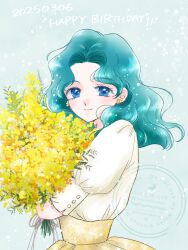 1girl absurdres bishoujo_senshi_sailor_moon blue_eyes bouquet commentary_request cowboy_shot dated earrings flower flower_earrings happy_birthday hemuhemu_moca highres holding holding_bouquet jewelry kaiou_michiru looking_at_viewer medium_hair puffy_sleeves sailor_neptune shirt skirt smile solo wavy_hair yellow_shirt yellow_skirt